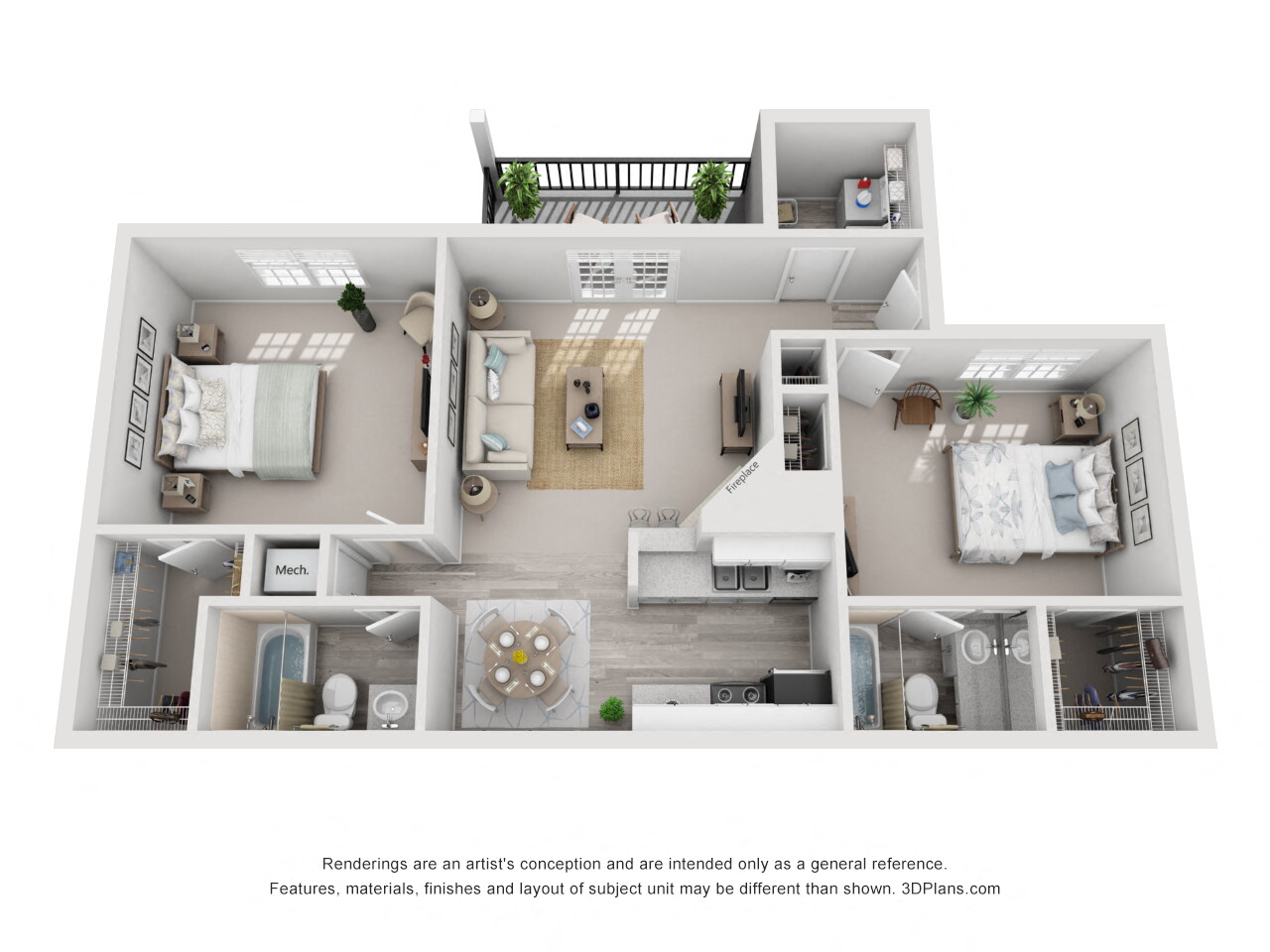 Floor plan for 2 beds, 2 baths, 889 sqft